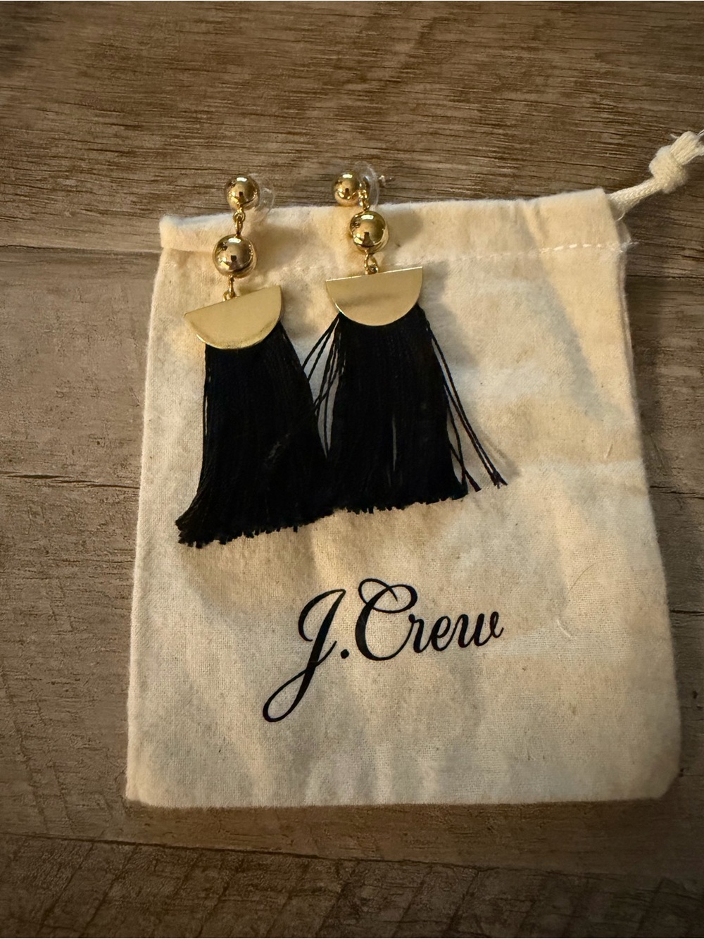 J. Crew Black Tassel Drop Earrings with Gold Discs